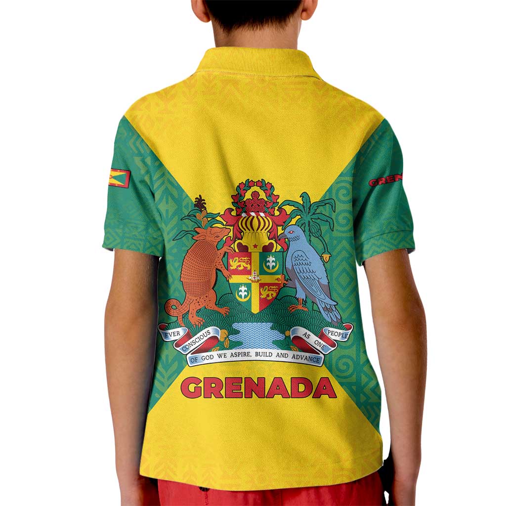Grenada Coat of Arms Kid Polo Shirt with Yellow Green Flag Colors and Tribal Pattern Design - Wonder Print Shop