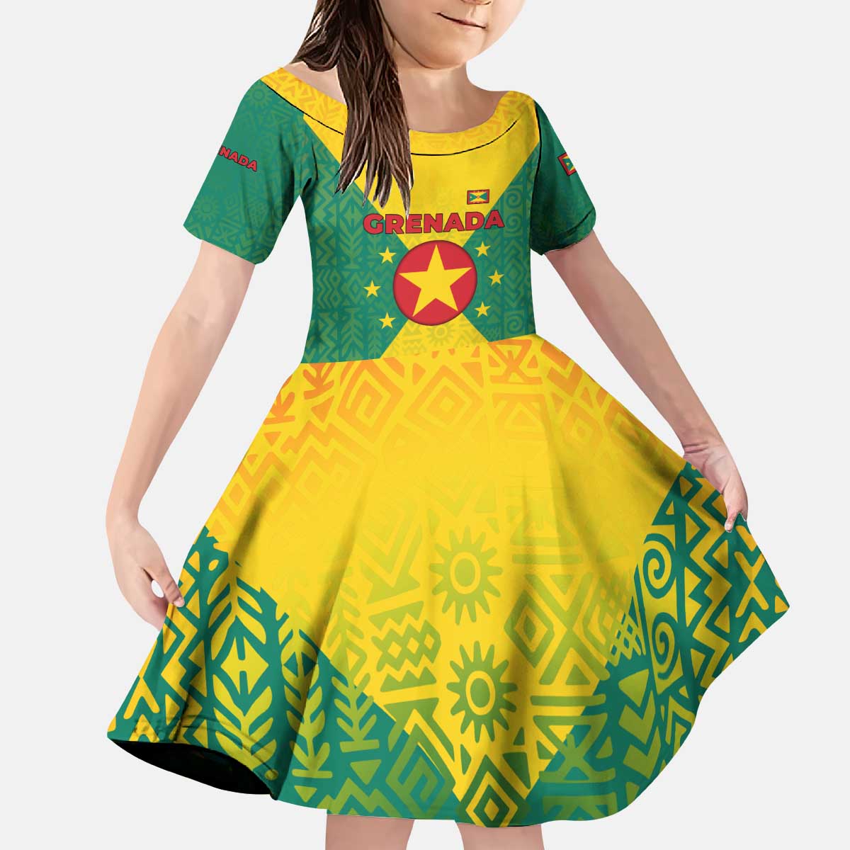 Grenada Coat of Arms Kid Short Sleeve Dress with Yellow Green Flag Colors and Tribal Pattern Design - Wonder Print Shop