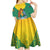 Grenada Coat of Arms Kid Short Sleeve Dress with Yellow Green Flag Colors and Tribal Pattern Design - Wonder Print Shop