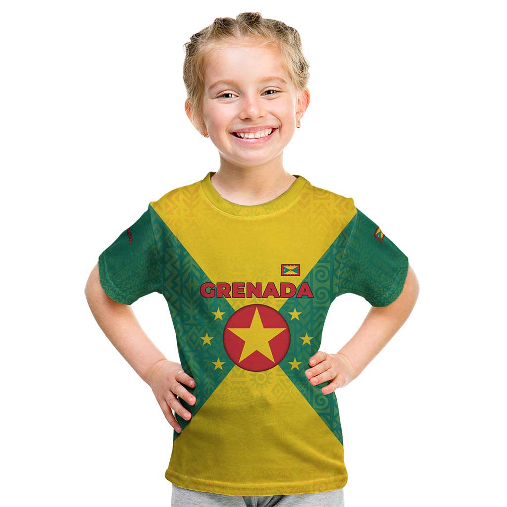 Grenada Coat of Arms Kid T Shirt with Yellow Green Flag Colors and Tribal Pattern Design - Wonder Print Shop