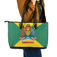 Grenada Coat of Arms Leather Tote Bag with Yellow Green Flag Colors and Tribal Pattern Design - Wonder Print Shop