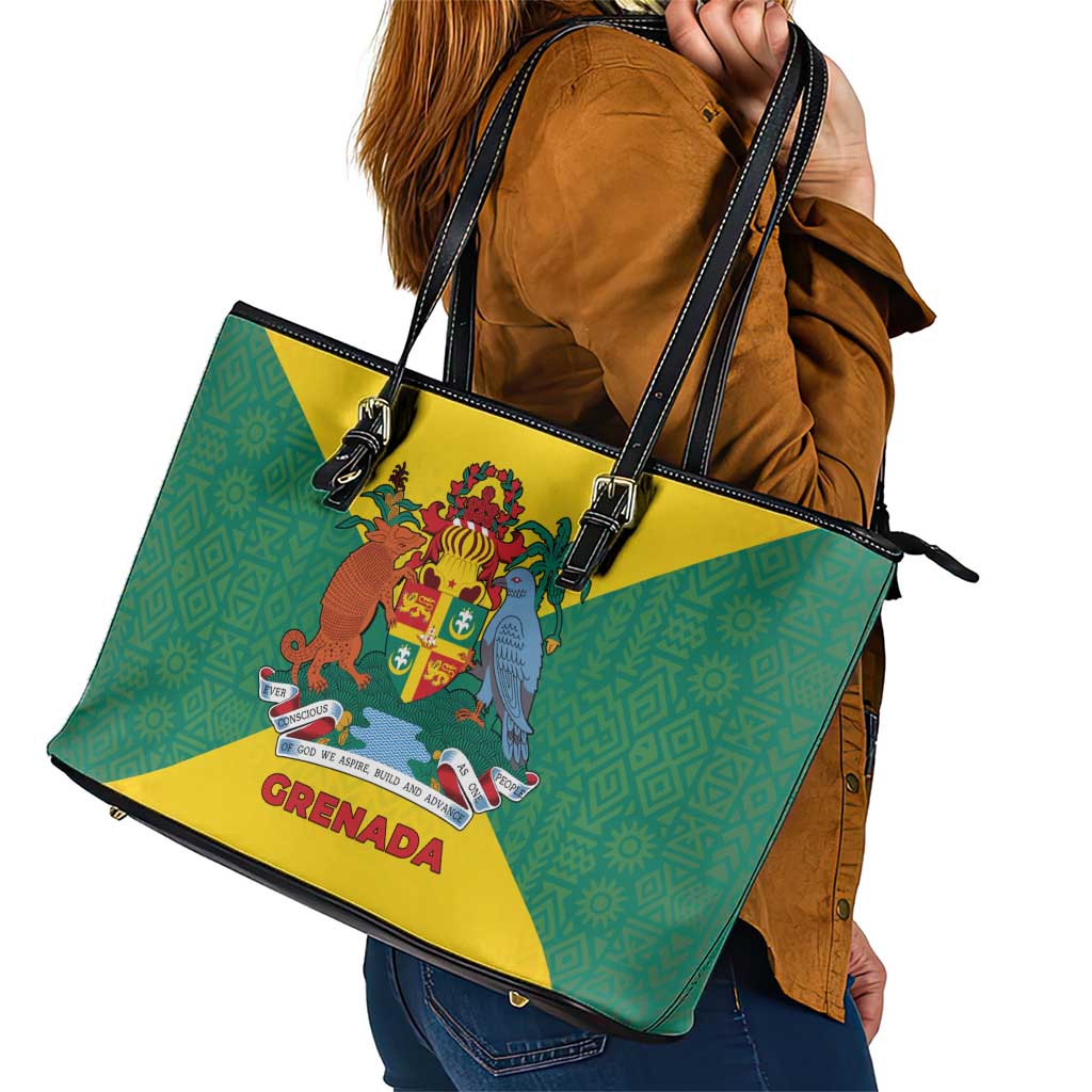Grenada Coat of Arms Leather Tote Bag with Yellow Green Flag Colors and Tribal Pattern Design - Wonder Print Shop
