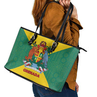 Grenada Coat of Arms Leather Tote Bag with Yellow Green Flag Colors and Tribal Pattern Design - Wonder Print Shop