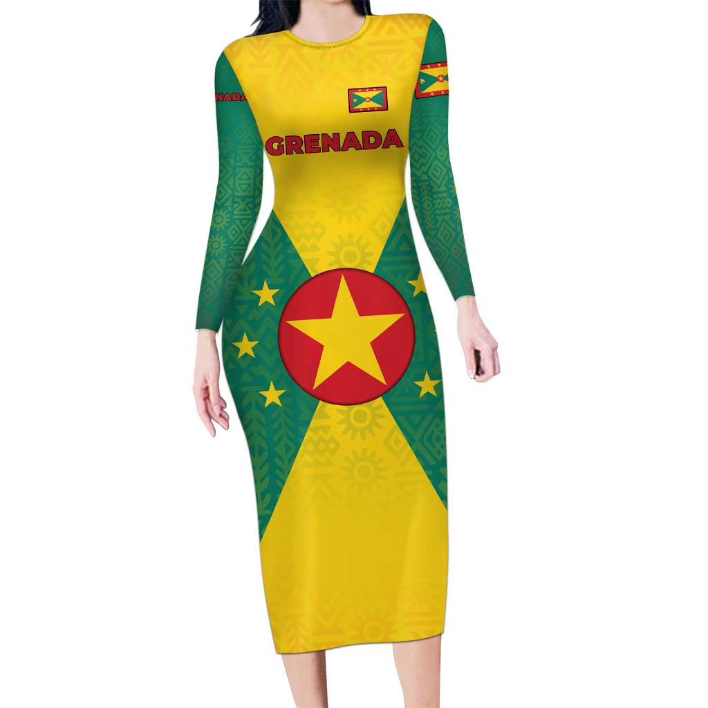Grenada Coat of Arms Long Sleeve Bodycon Dress with Yellow Green Flag Colors and Tribal Pattern Design - Wonder Print Shop
