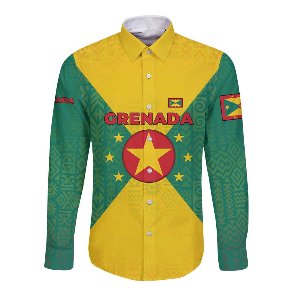 Grenada Coat of Arms Long Sleeve Button Shirt with Yellow Green Flag Colors and Tribal Pattern Design - Wonder Print Shop