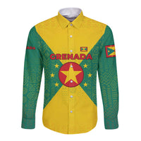 Grenada Coat of Arms Long Sleeve Button Shirt with Yellow Green Flag Colors and Tribal Pattern Design - Wonder Print Shop