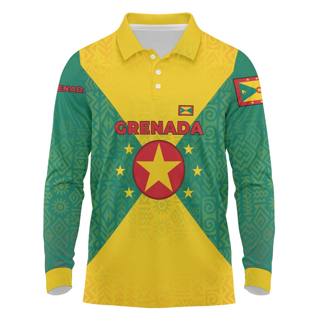 Grenada Coat of Arms Long Sleeve Polo Shirt with Yellow Green Flag Colors and Tribal Pattern Design - Wonder Print Shop