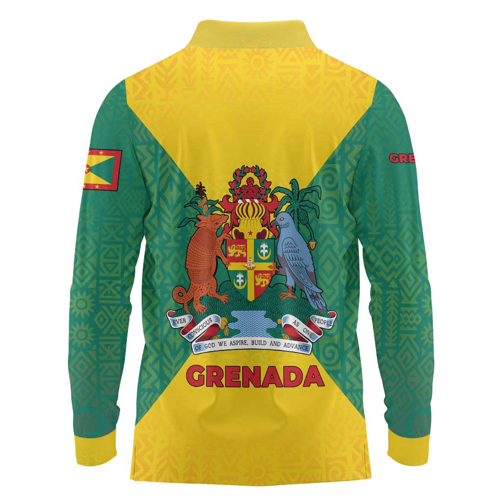 Grenada Coat of Arms Long Sleeve Polo Shirt with Yellow Green Flag Colors and Tribal Pattern Design - Wonder Print Shop