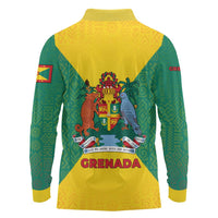 Grenada Coat of Arms Long Sleeve Polo Shirt with Yellow Green Flag Colors and Tribal Pattern Design - Wonder Print Shop