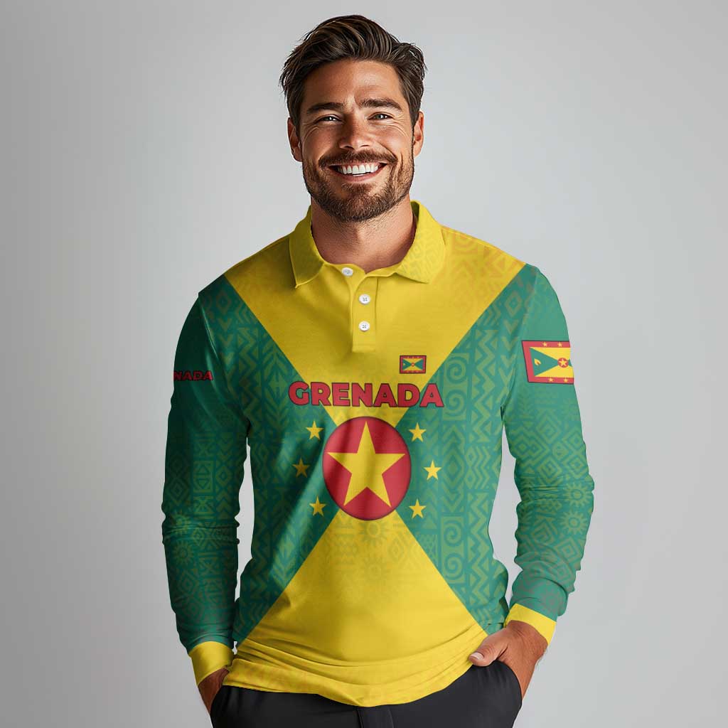 Grenada Coat of Arms Long Sleeve Polo Shirt with Yellow Green Flag Colors and Tribal Pattern Design - Wonder Print Shop