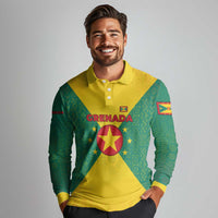 Grenada Coat of Arms Long Sleeve Polo Shirt with Yellow Green Flag Colors and Tribal Pattern Design - Wonder Print Shop