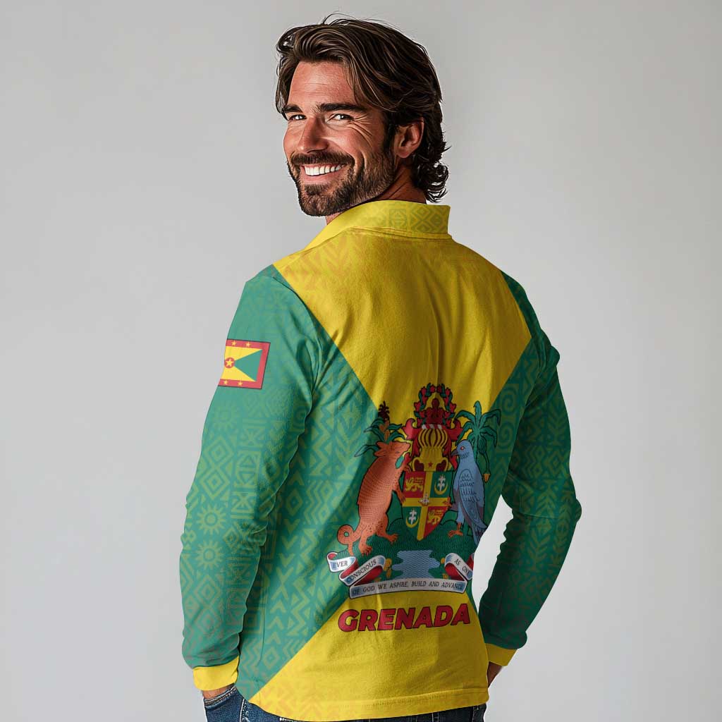 Grenada Coat of Arms Long Sleeve Polo Shirt with Yellow Green Flag Colors and Tribal Pattern Design - Wonder Print Shop
