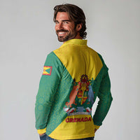 Grenada Coat of Arms Long Sleeve Polo Shirt with Yellow Green Flag Colors and Tribal Pattern Design - Wonder Print Shop