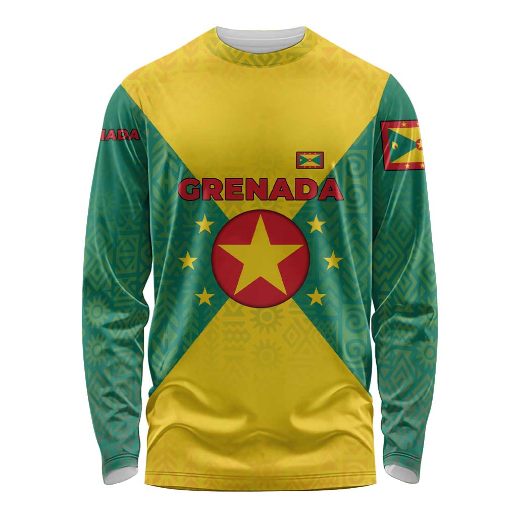 Grenada Coat of Arms Long Sleeve Shirt with Yellow Green Flag Colors and Tribal Pattern Design - Wonder Print Shop