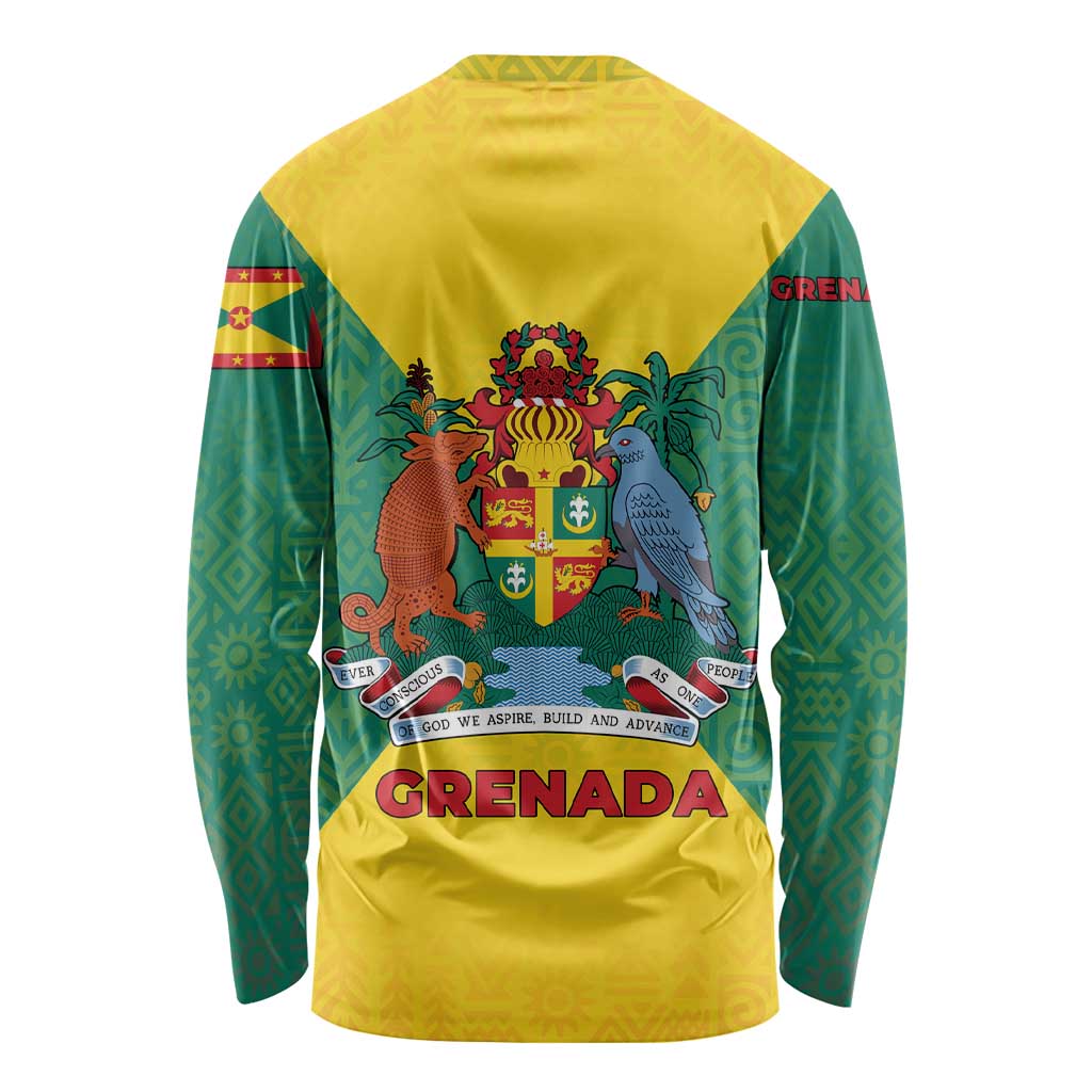 Grenada Coat of Arms Long Sleeve Shirt with Yellow Green Flag Colors and Tribal Pattern Design - Wonder Print Shop