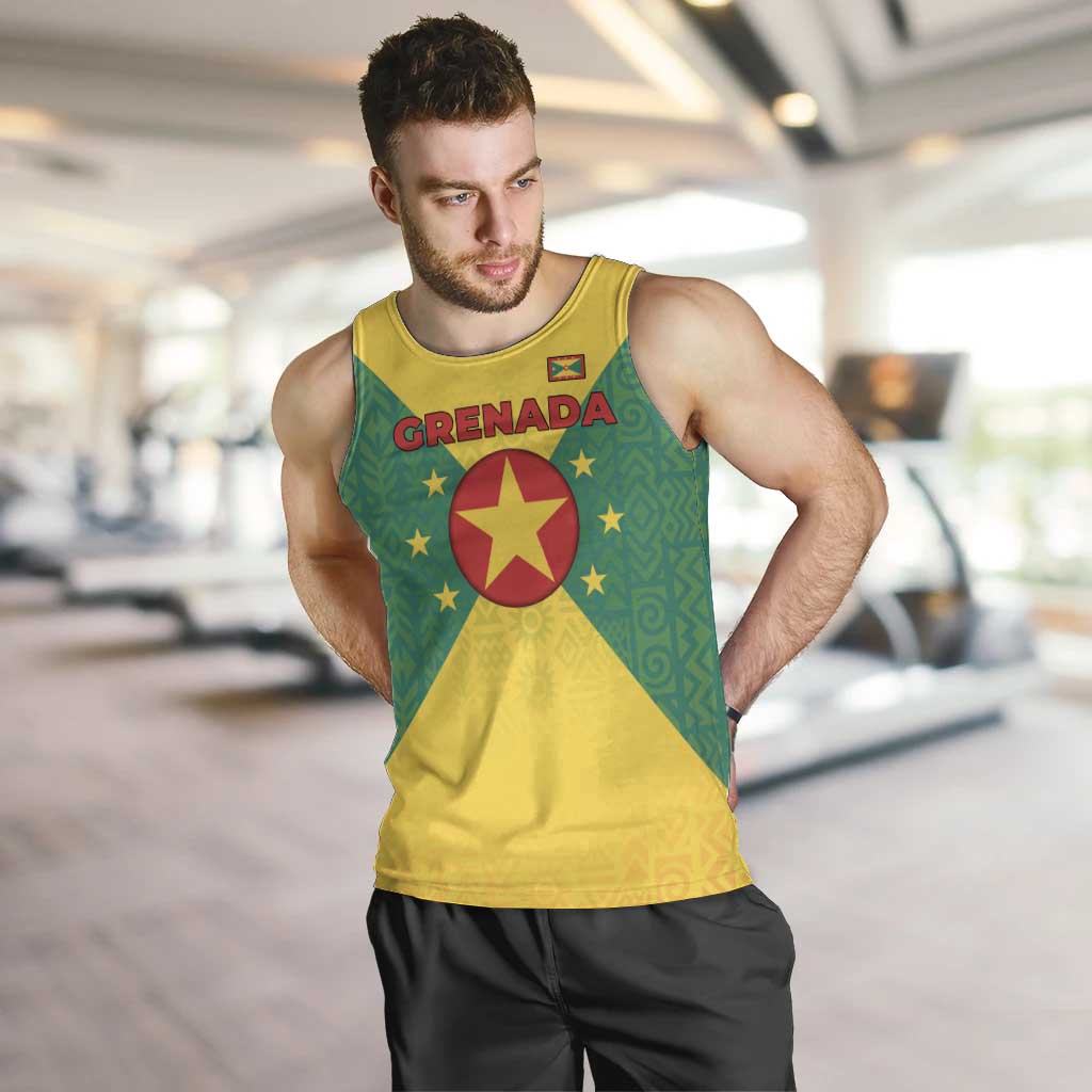 Grenada Coat of Arms Men Tank Top with Yellow Green Flag Colors and Tribal Pattern Design - Wonder Print Shop