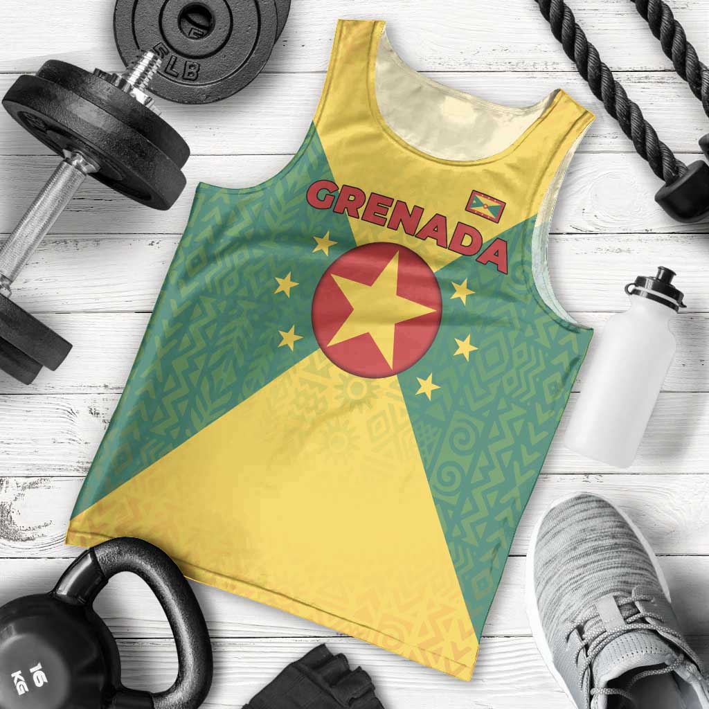 Grenada Coat of Arms Men Tank Top with Yellow Green Flag Colors and Tribal Pattern Design - Wonder Print Shop