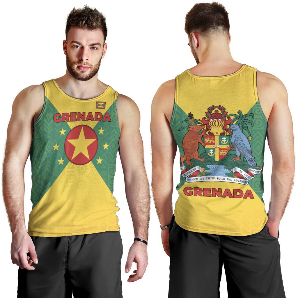 Grenada Coat of Arms Men Tank Top with Yellow Green Flag Colors and Tribal Pattern Design - Wonder Print Shop