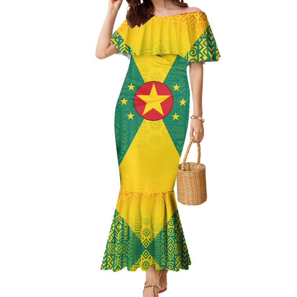 Grenada Coat of Arms Mermaid Dress with Yellow Green Flag Colors and Tribal Pattern Design - Wonder Print Shop