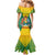 Grenada Coat of Arms Mermaid Dress with Yellow Green Flag Colors and Tribal Pattern Design - Wonder Print Shop
