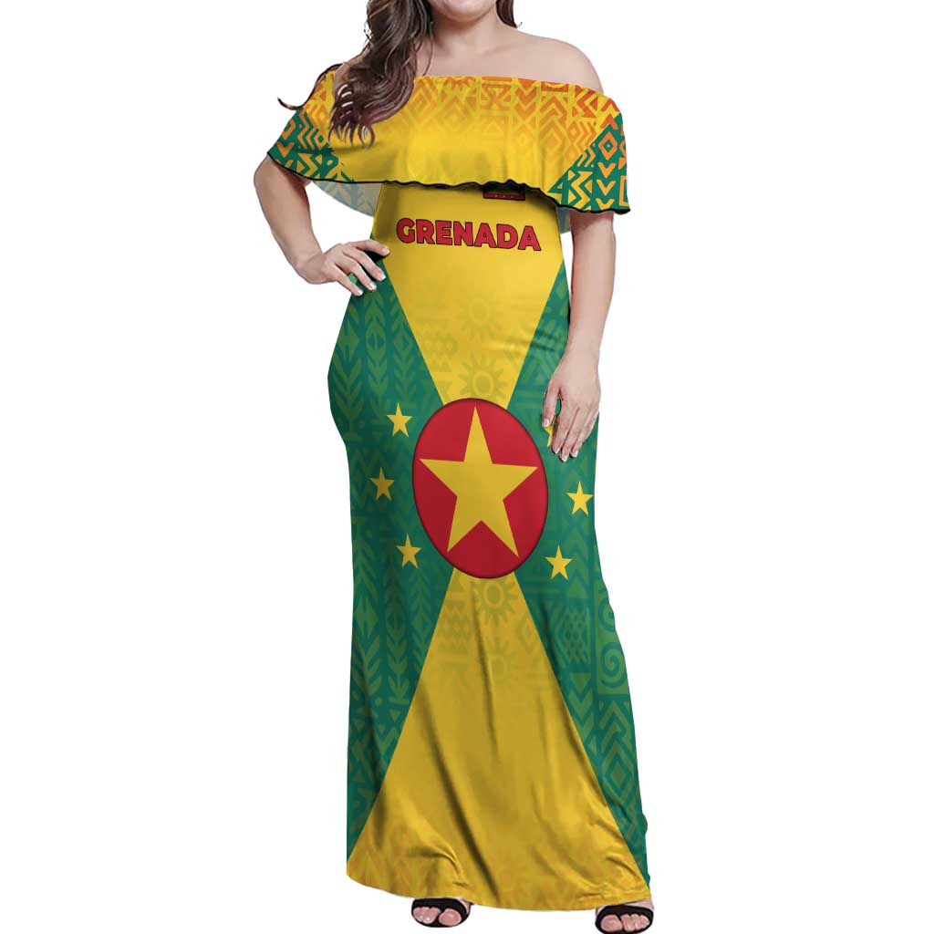 Grenada Coat of Arms Off Shoulder Maxi Dress with Yellow Green Flag Colors and Tribal Pattern Design - Wonder Print Shop