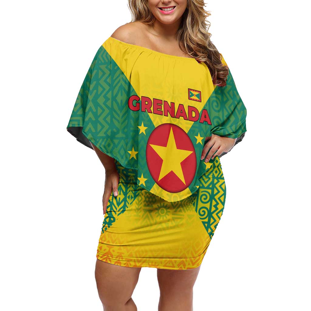 Grenada Coat of Arms Off Shoulder Short Dress with Yellow Green Flag Colors and Tribal Pattern Design - Wonder Print Shop