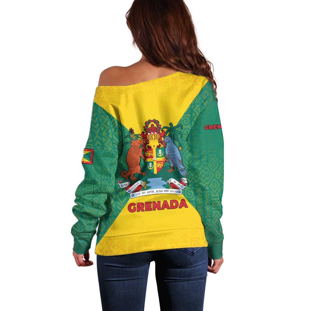 Grenada Coat of Arms Off Shoulder Sweater with Yellow Green Flag Colors and Tribal Pattern Design - Wonder Print Shop