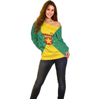 Grenada Coat of Arms Off Shoulder Sweater with Yellow Green Flag Colors and Tribal Pattern Design - Wonder Print Shop