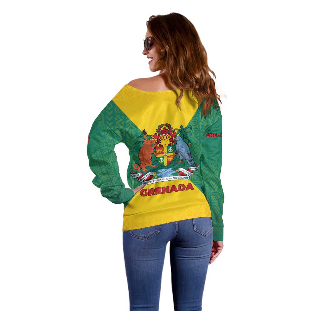 Grenada Coat of Arms Off Shoulder Sweater with Yellow Green Flag Colors and Tribal Pattern Design - Wonder Print Shop