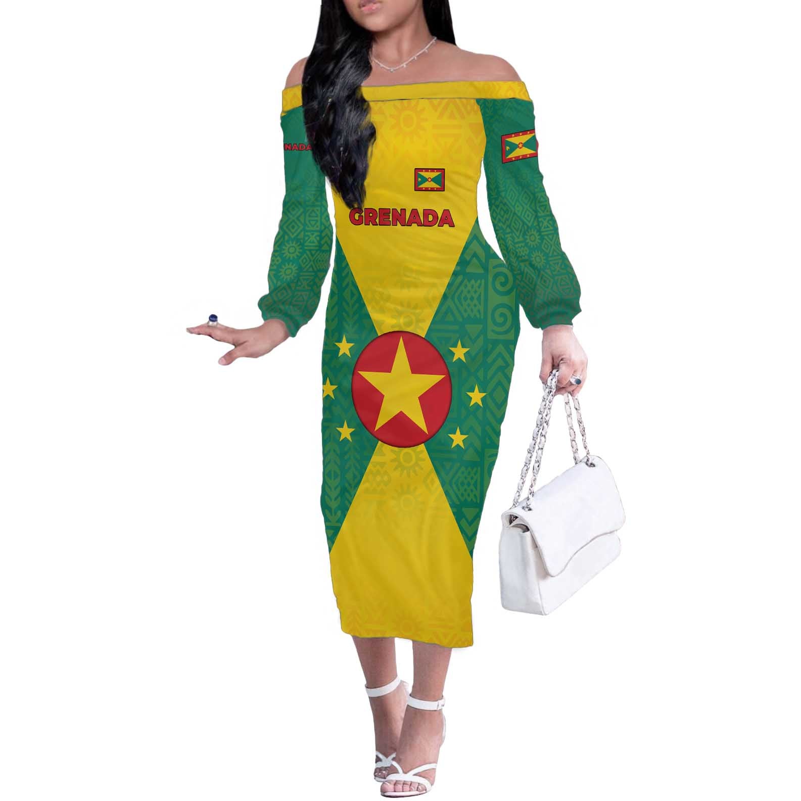 Grenada Coat of Arms Off The Shoulder Long Sleeve Dress with Yellow Green Flag Colors and Tribal Pattern Design - Wonder Print Shop