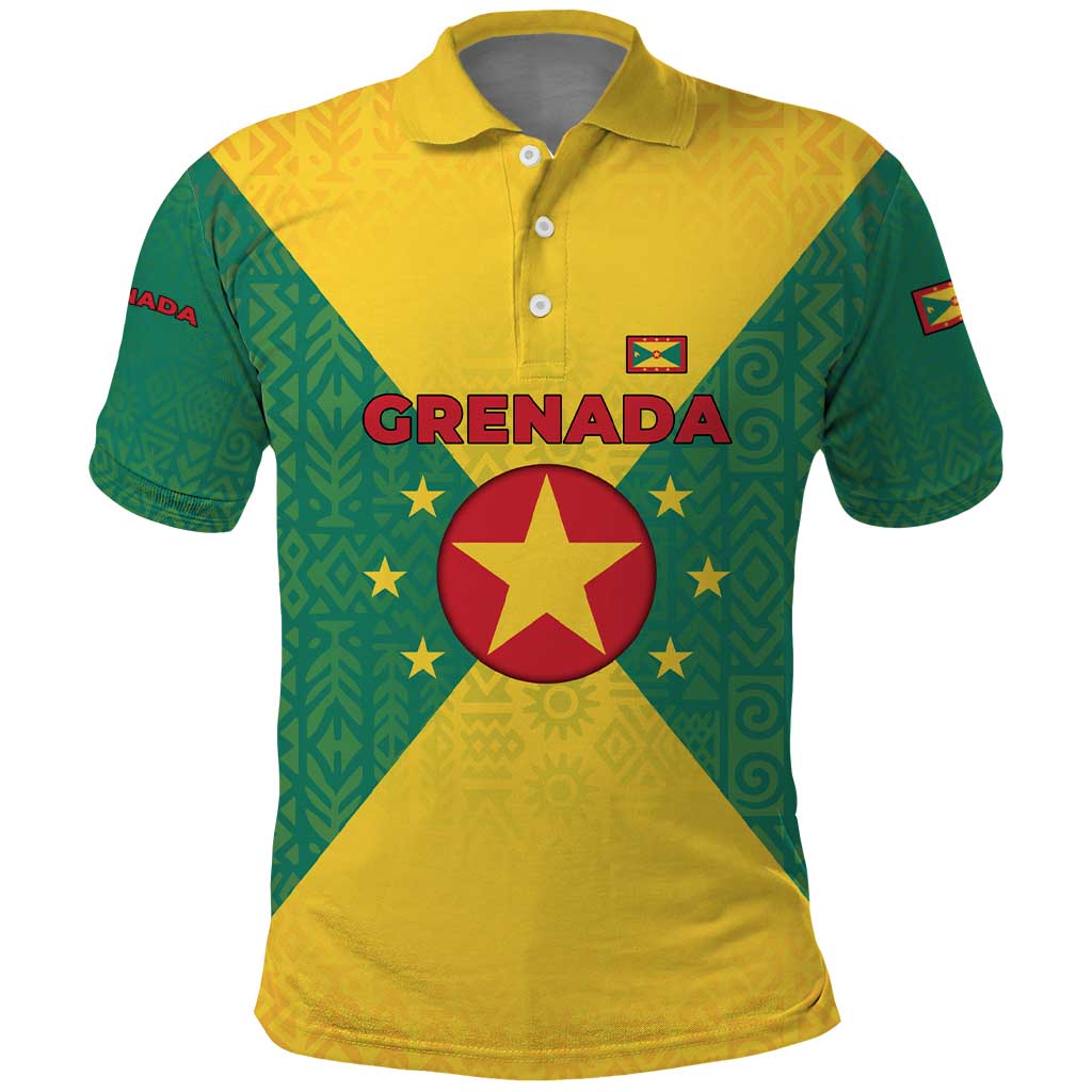 Grenada Coat of Arms Polo Shirt with Yellow Green Flag Colors and Tribal Pattern Design - Wonder Print Shop