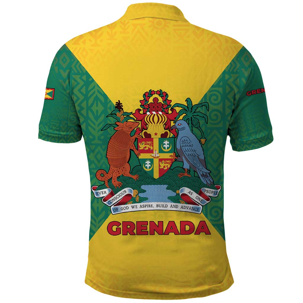 Grenada Coat of Arms Polo Shirt with Yellow Green Flag Colors and Tribal Pattern Design - Wonder Print Shop