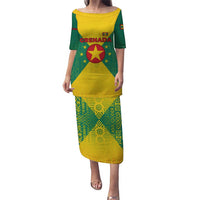Grenada Coat of Arms Puletasi with Yellow Green Flag Colors and Tribal Pattern Design - Wonder Print Shop