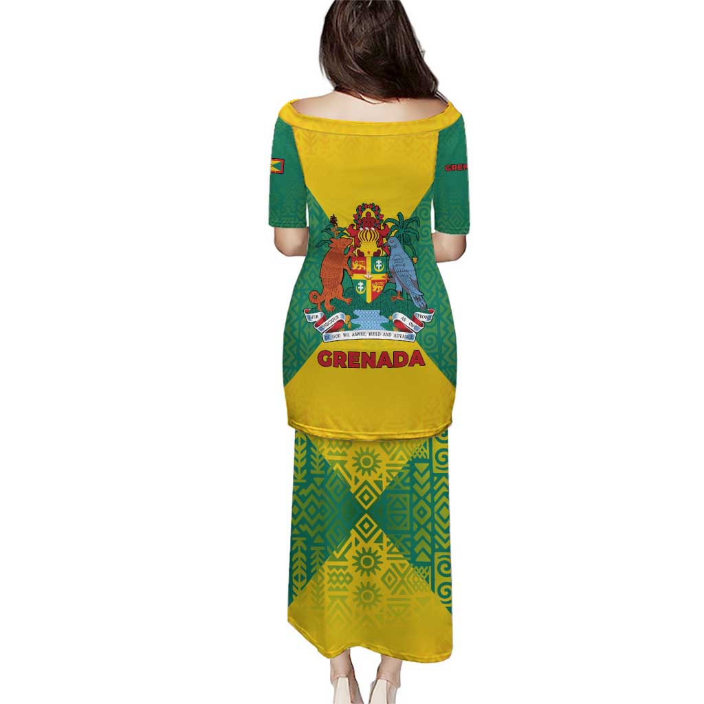 Grenada Coat of Arms Puletasi with Yellow Green Flag Colors and Tribal Pattern Design - Wonder Print Shop