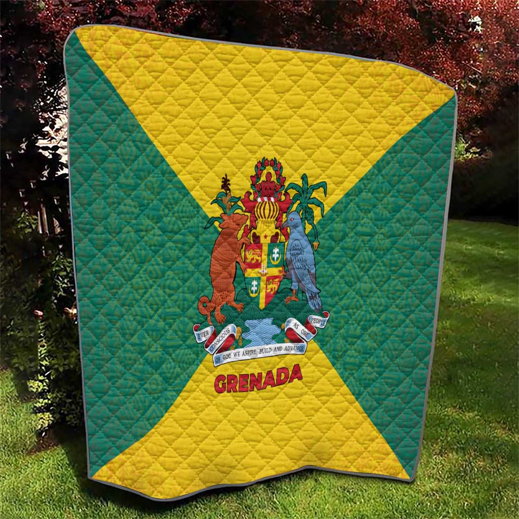 Grenada Coat of Arms Quilt with Yellow Green Flag Colors and Tribal Pattern Design - Wonder Print Shop