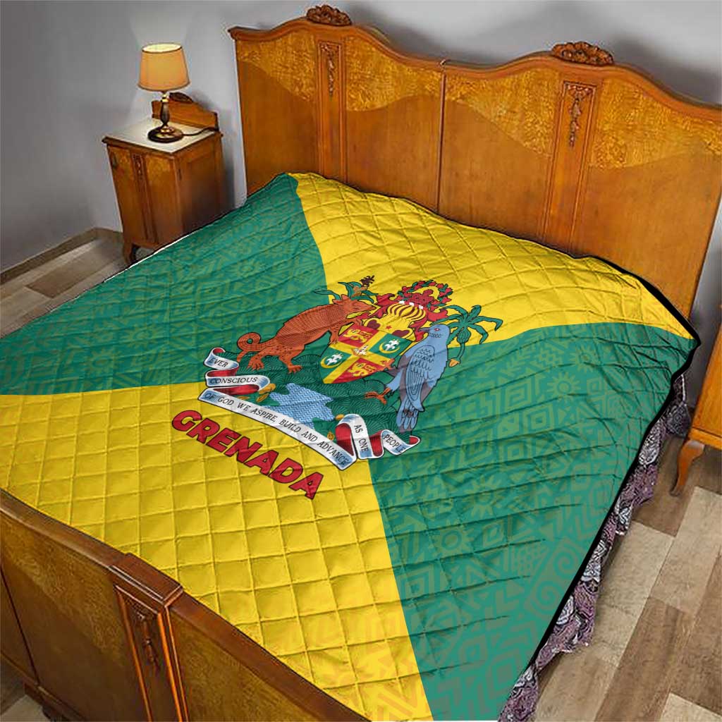 Grenada Coat of Arms Quilt with Yellow Green Flag Colors and Tribal Pattern Design - Wonder Print Shop