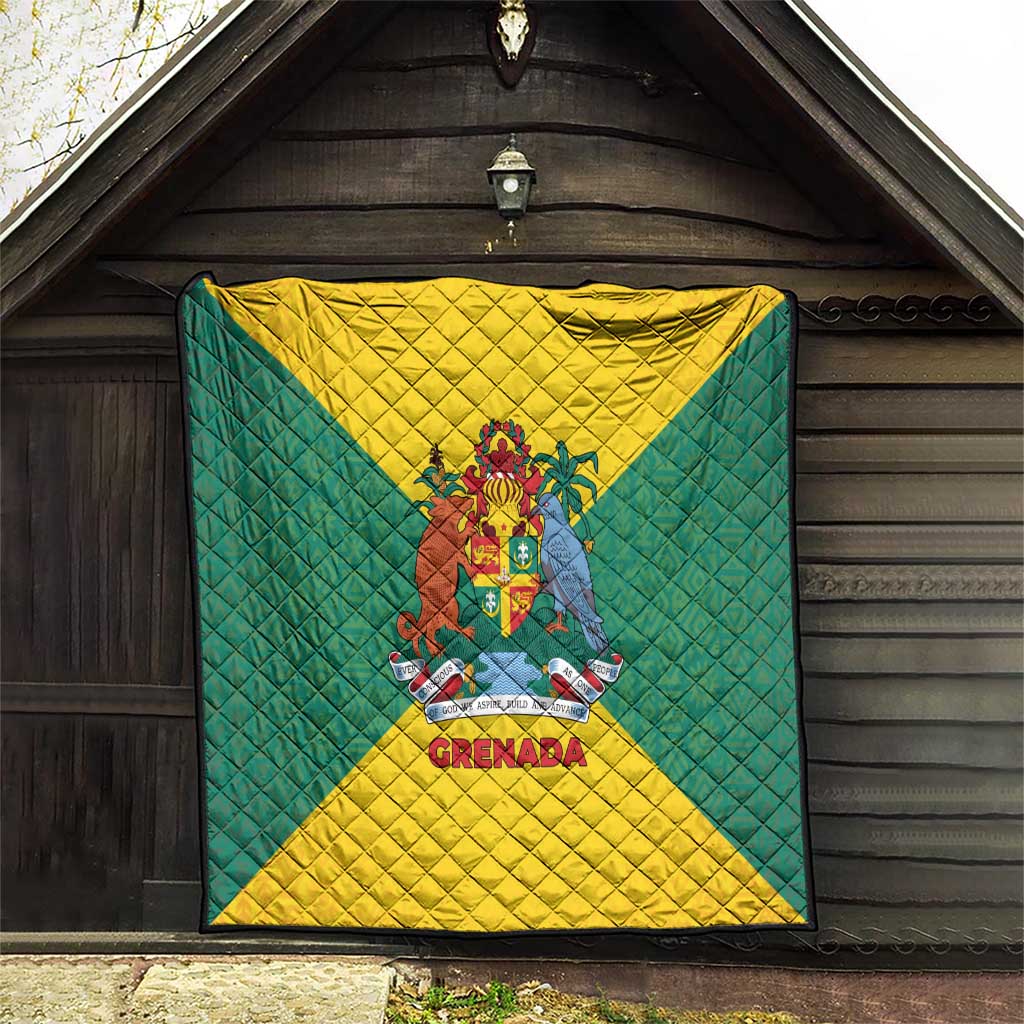 Grenada Coat of Arms Quilt with Yellow Green Flag Colors and Tribal Pattern Design - Wonder Print Shop