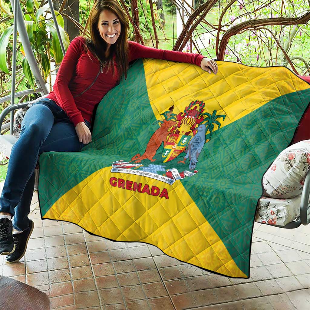 Grenada Coat of Arms Quilt with Yellow Green Flag Colors and Tribal Pattern Design - Wonder Print Shop