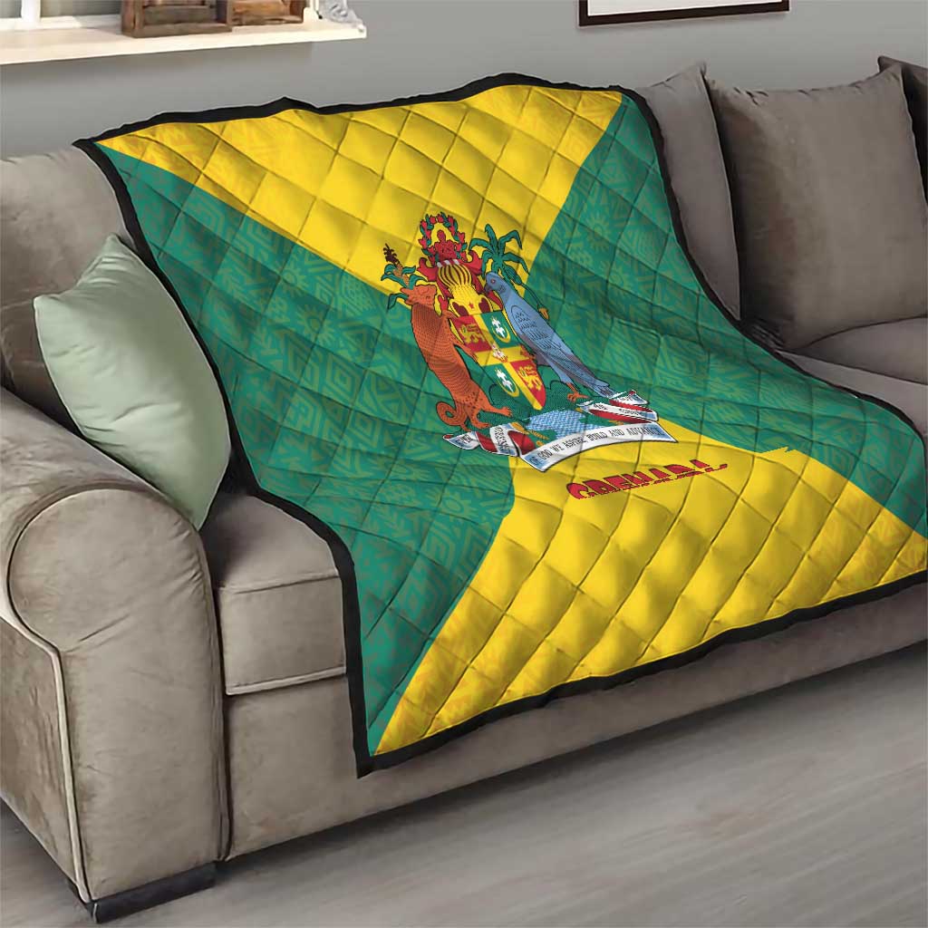 Grenada Coat of Arms Quilt with Yellow Green Flag Colors and Tribal Pattern Design - Wonder Print Shop