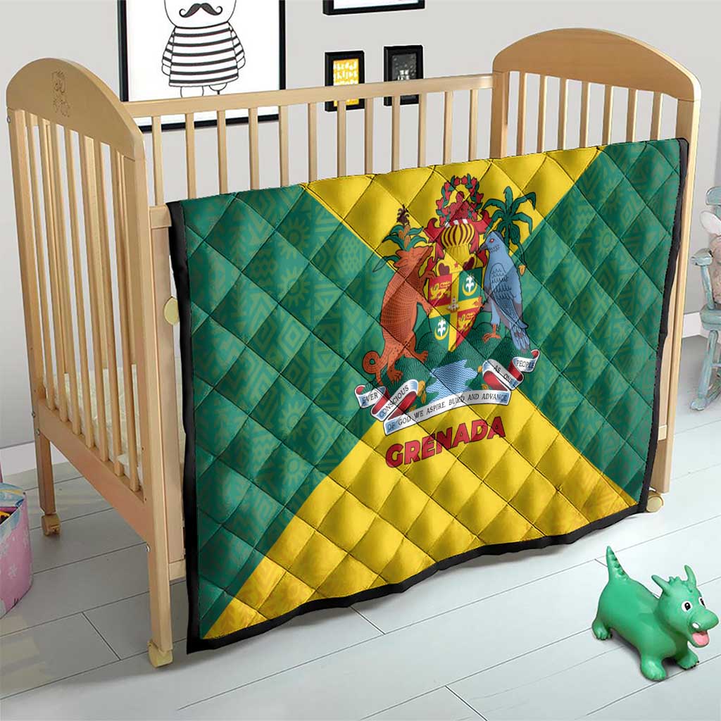 Grenada Coat of Arms Quilt with Yellow Green Flag Colors and Tribal Pattern Design - Wonder Print Shop