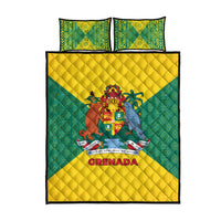 Grenada Coat of Arms Quilt Bed Set with Yellow Green Flag Colors and Tribal Pattern Design - Wonder Print Shop