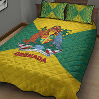Grenada Coat of Arms Quilt Bed Set with Yellow Green Flag Colors and Tribal Pattern Design - Wonder Print Shop