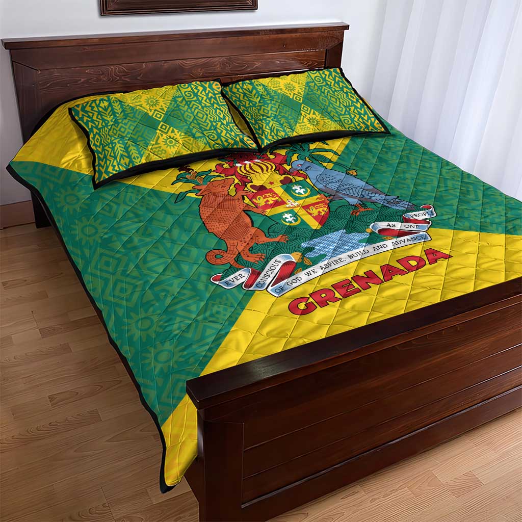 Grenada Coat of Arms Quilt Bed Set with Yellow Green Flag Colors and Tribal Pattern Design - Wonder Print Shop