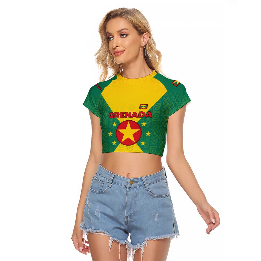 Grenada Coat of Arms Raglan Cropped T Shirt with Yellow Green Flag Colors and Tribal Pattern Design - Wonder Print Shop