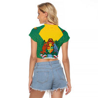 Grenada Coat of Arms Raglan Cropped T Shirt with Yellow Green Flag Colors and Tribal Pattern Design - Wonder Print Shop