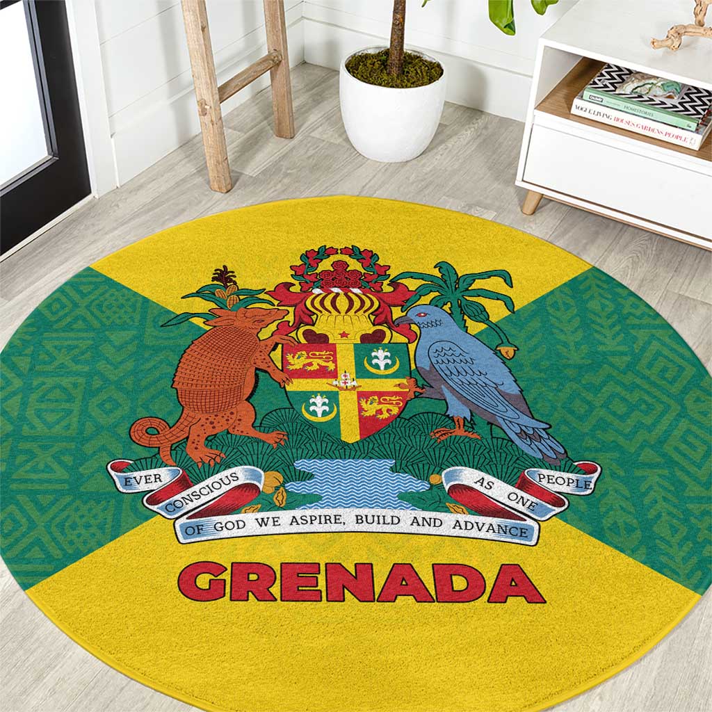 Grenada Coat of Arms Round Carpet with Yellow Green Flag Colors and Tribal Pattern Design - Wonder Print Shop
