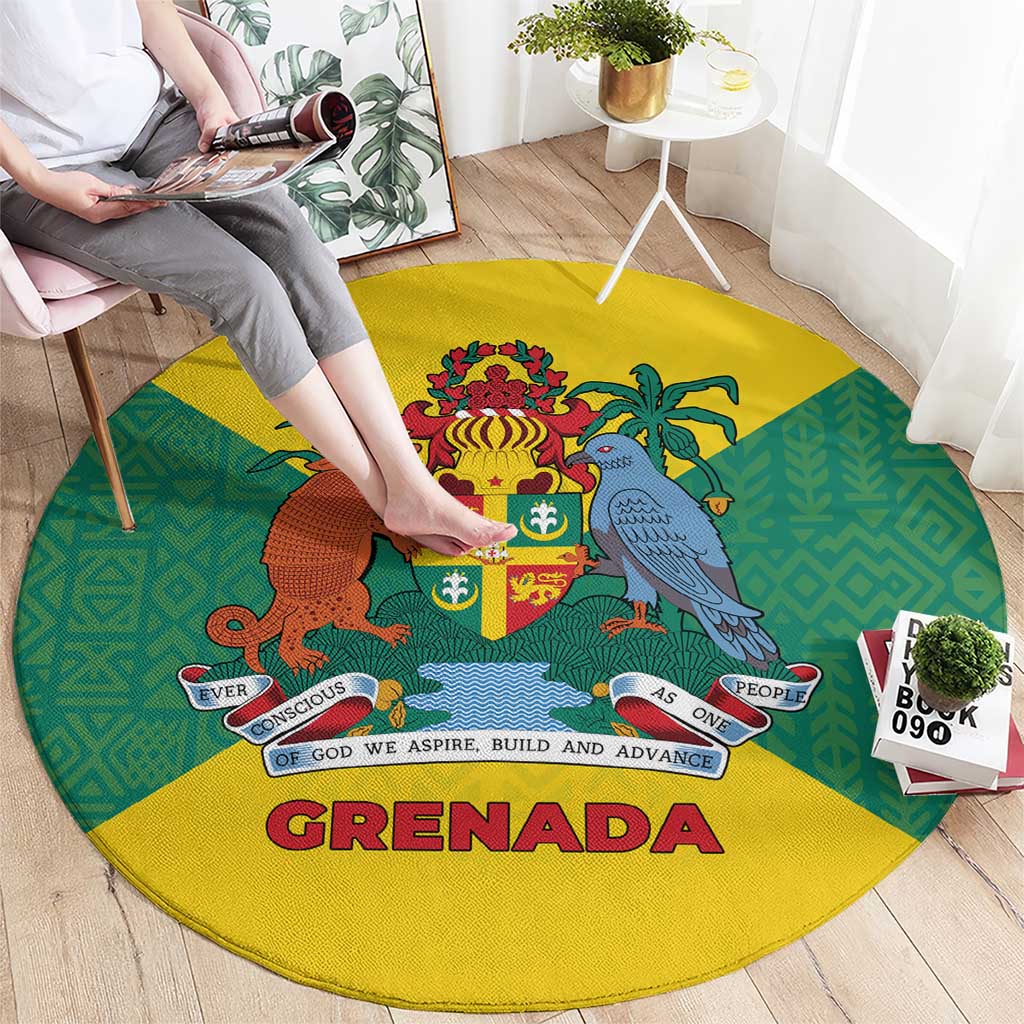 Grenada Coat of Arms Round Carpet with Yellow Green Flag Colors and Tribal Pattern Design - Wonder Print Shop