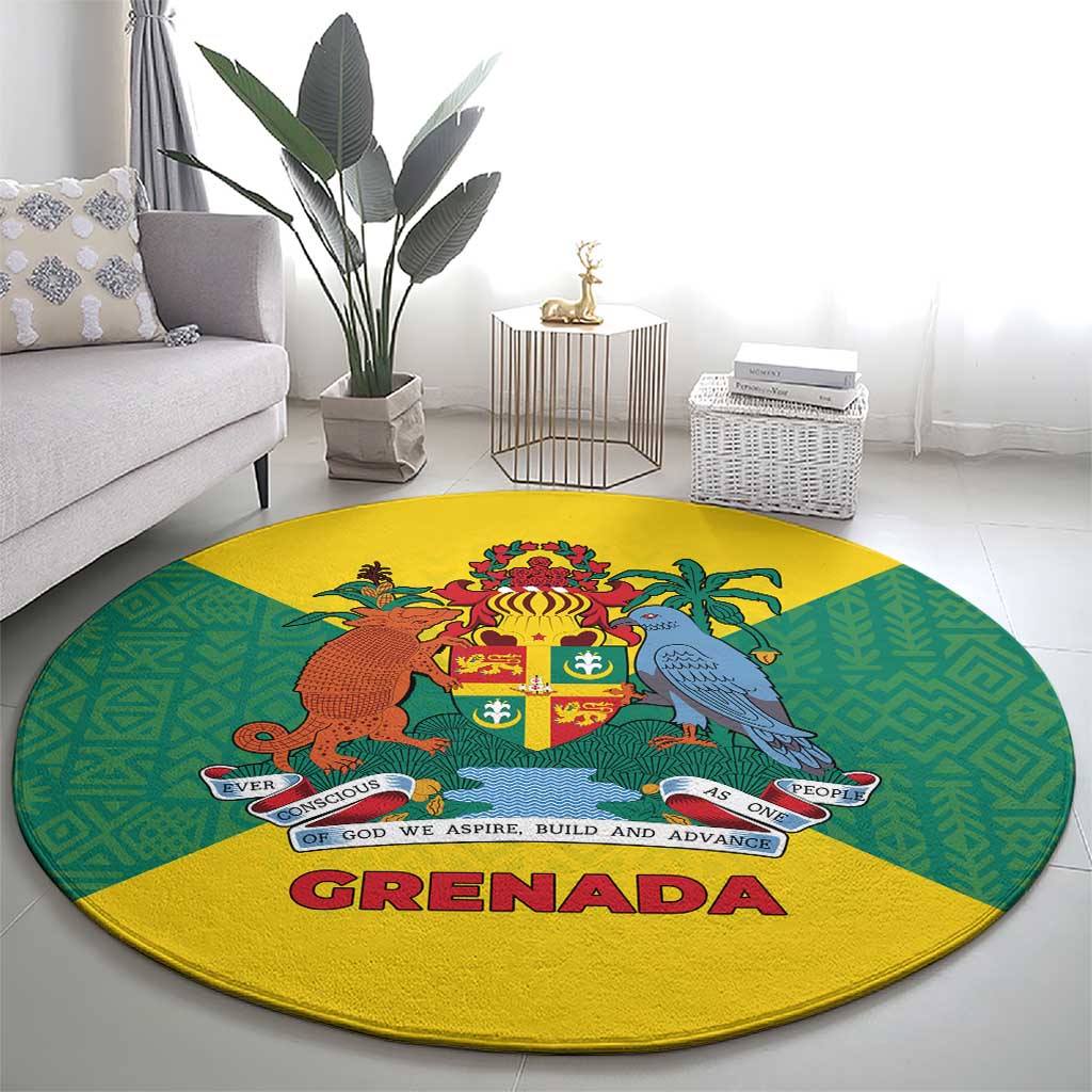 Grenada Coat of Arms Round Carpet with Yellow Green Flag Colors and Tribal Pattern Design - Wonder Print Shop