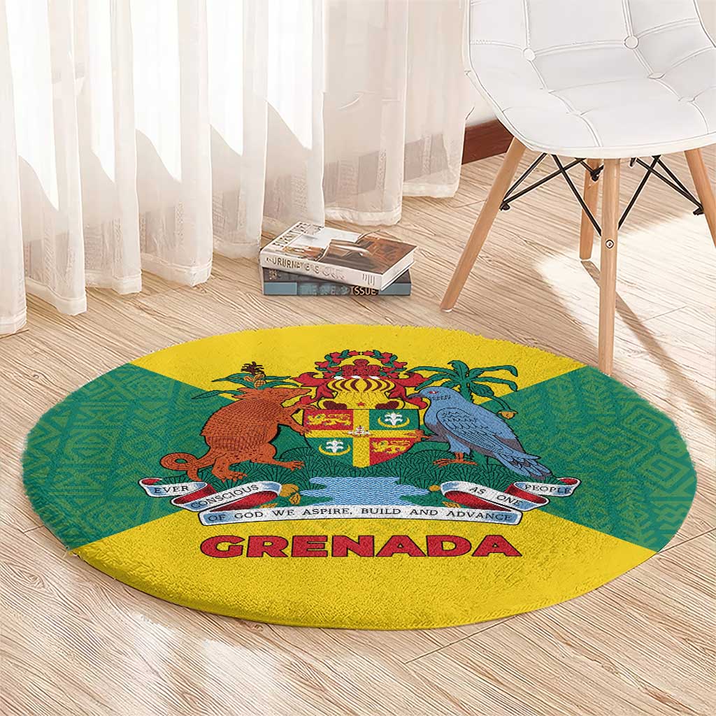 Grenada Coat of Arms Round Carpet with Yellow Green Flag Colors and Tribal Pattern Design - Wonder Print Shop