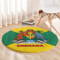 Grenada Coat of Arms Round Carpet with Yellow Green Flag Colors and Tribal Pattern Design - Wonder Print Shop